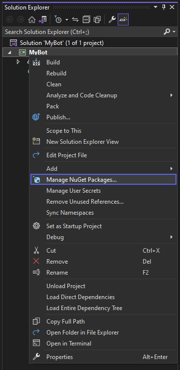 Click 'Manage NuGet Packages'